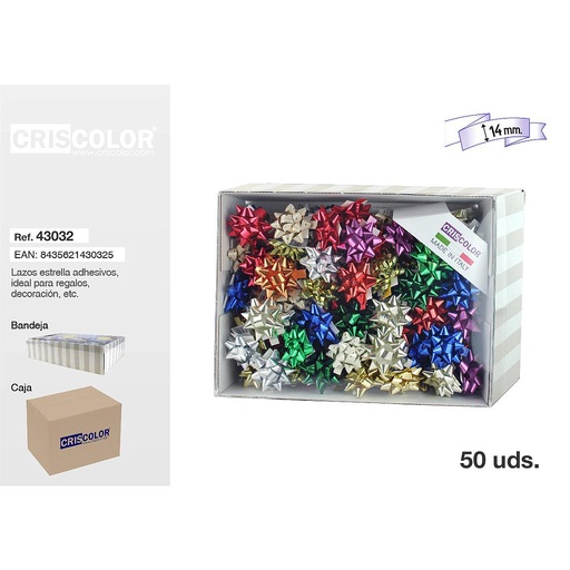 [43032] LAZO ESTRELLA METALIZADO ADHESIVO 14MM LISO BRILLO (Precio Unitario)