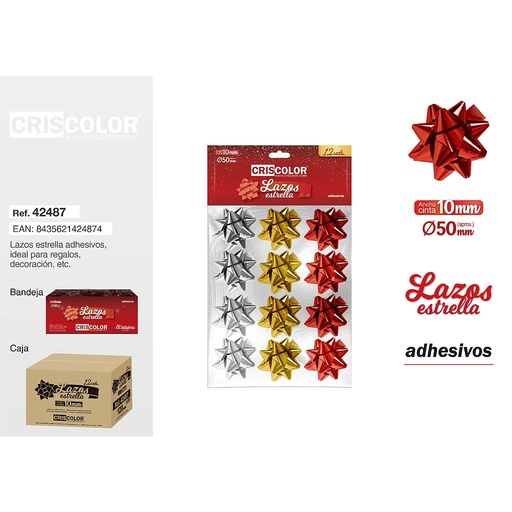 [42487] LAZOS ESTRELLA METALIZADOS 10MM  (4 ROJOS+ 4 ORO + 4 PLATA)