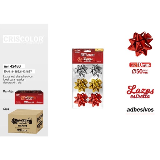 [42486] LAZOS ESTRELLA METALIZADOS 10MM  (2 ROJOS+ 2 ORO + 2 PLATA)