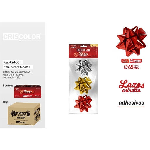 [42488] LAZOS ESTRELLA METALIZADOS 14MM  (1 ROJO + 1 ORO + 1 PLATA)