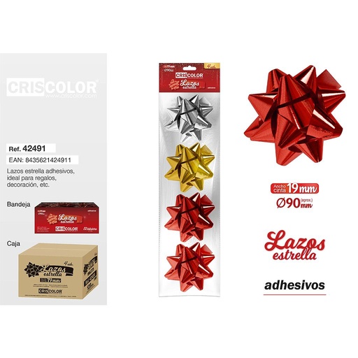 [42491] LAZOS ESTRELLA METALIZADOS 19MM  (2 ROJOS+ 1 ORO + 1 PLATA)