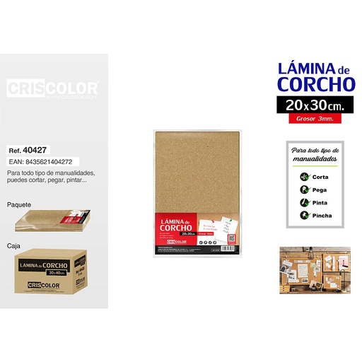 [40427] LAMINA DE CORCHO 20X30CM 3MM (Paquete de 12Und.)