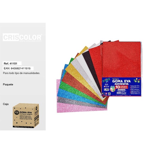 [41151] P28 GOMA EVA PURPURINA ADHESIVA 20X30CM SURTIDO 10 COLORES