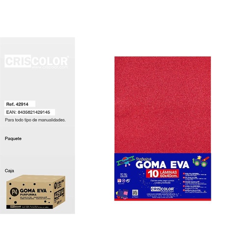 [42914] P4 GOMA EVA PURPURINA 40x60CM ROJO NAVIDAD PAQ.10UDS (Precio unitario).