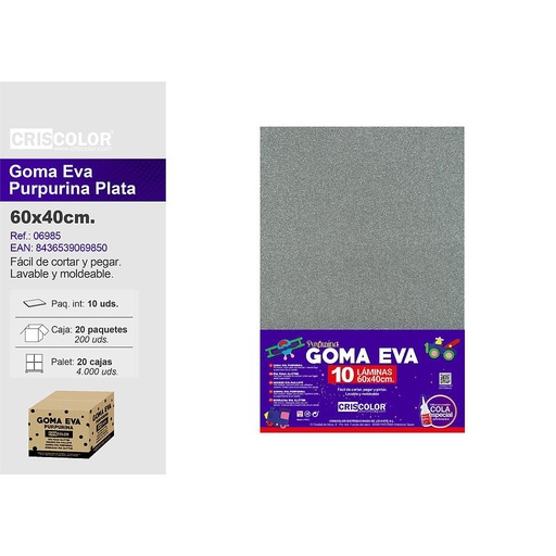 [06985] P8 GOMA EVA PURPURINA 40X60CM PLATA (Paquete de 10Und)