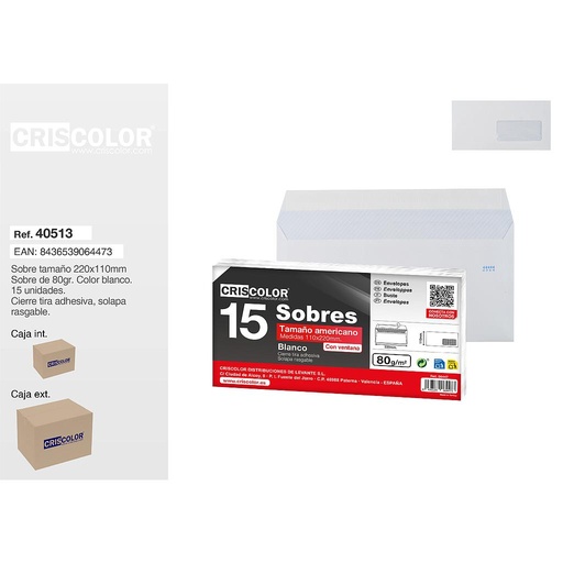 [06447] SOBRE AMERICANO CON VENTANA 110X220MM BLANCO PACK 15UDS  (Caja 36 Packs).