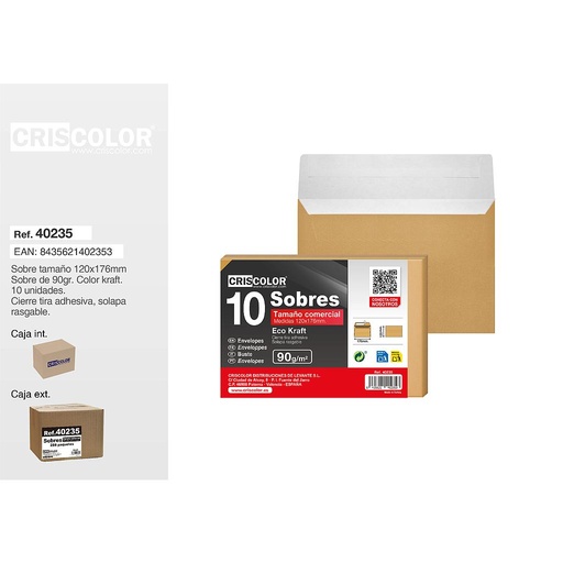 [40235] SOBRE COMERCIAL 120X176MM KRAFT PACK 10UDS  (Caja 36 Packs).