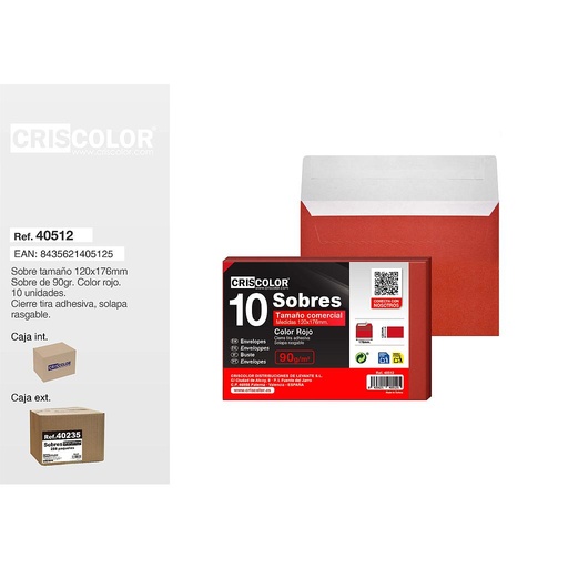 [40512] SOBRE COMERCIAL 120X176MM ROJO PACK 10UDS  (Caja 36 Packs).