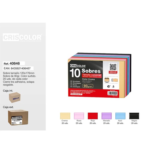 [40646] SOBRE COMERCIAL 120X176MM SURTIDO 6 COLORES (20 DE CADA COLOR - 120 Sobres)