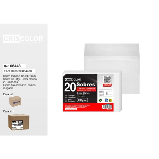 [06448] SOBRE COMERCIAL 125X176MM BLANCO PACK 20UDS  (Caja 36 Packs).