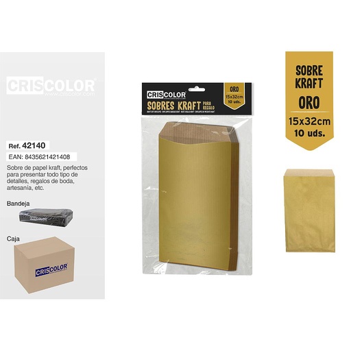 [42140] SOBRE KRAFT ORO 15x32CM PACK 10UDS (Caja 12 Packs).