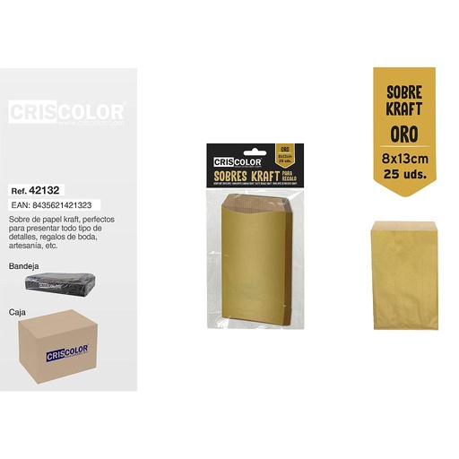 [42132] SOBRE KRAFT ORO 8X13CM PACK 25UDS (Caja 12 Packs).