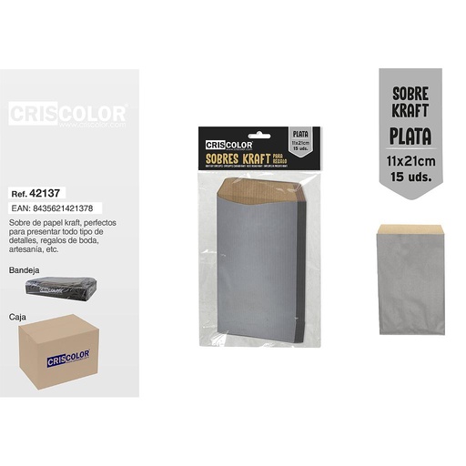 [42137] SOBRE KRAFT PLATA 11x21CM PACK 15UDS (Caja 12 Packs).