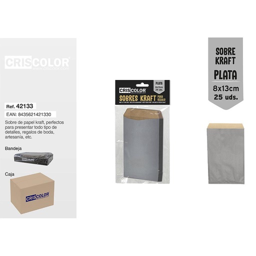 [42133] SOBRE KRAFT PLATA 8X13CM PACK 25UDS (Caja 12 Packs).