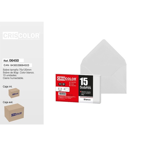 [06450] SOBRE TARJETA 75X120MM BLANCO PACK 15UDS (Caja 36 Packs).