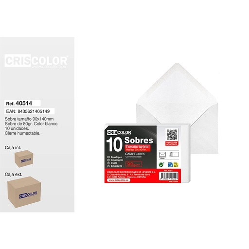 [40514] SOBRE TARJETA 90X140MM BLANCO PACK 10UDS (Caja 50 Packs).