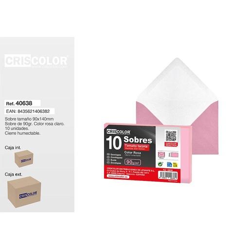 [40638] SOBRE TARJETA 90X140MM ROSA PACK 10UDS (Caja 50 Packs).