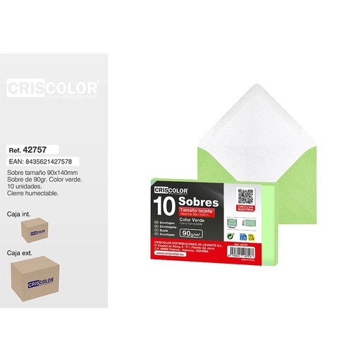 [42757] SOBRE TARJETA 90X140MM VERDE PACK 10UDS (Caja 50 Packs).