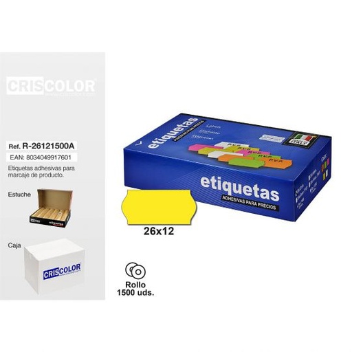 [R-26121500A] ETIQUETAS 26X12MM AMARILLAS ROLLO 1500UDS (Pack 8 rollos).