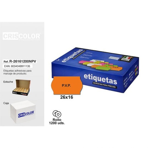 [R-26161200NPV] ETIQUETAS 26X16MM PVP NARANJAS ROLLO 1200UDS.