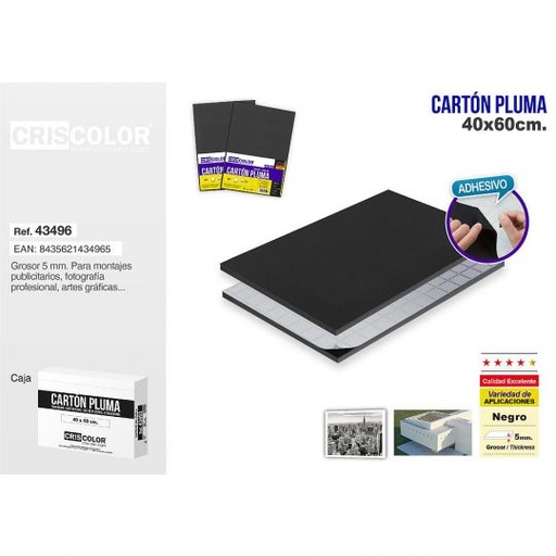 [43496] CARTON PLUMA 40X60CM NEGRO ADHESIVO (CAJA DE 25 UND.)