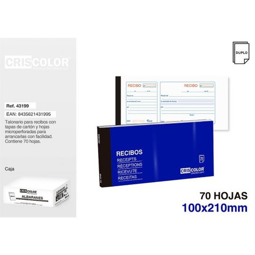 [43199] RECIBOS 100X210MM DUPLICADO 70 HOJAS 35 JUEGOS (Pack 12Und).