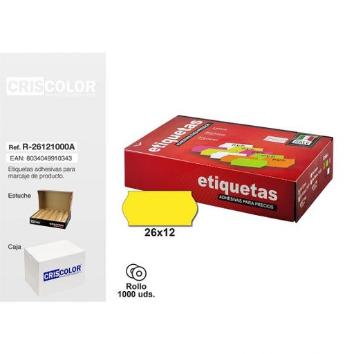 [R-26121000A] ETIQUETAS 26X12MM AMARILLAS ROLLO 1000UDS (Pack 8 rollos).