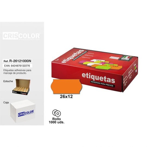 [R-26121000N] ETIQUETAS 26X12MM NARANJAS ROLLO 1000UDS.