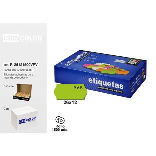 [R-26121500VPV] ETIQUETAS 26X12MM PVP VERDES ROLLO 1500UDS (Pack 8 rollos).