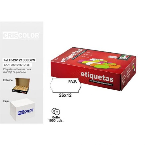 [R-26121000BPV] ETIQUETAS 26X12MM PVP BLANCAS ROLLO 1000UDS (Pack 8 rollos).