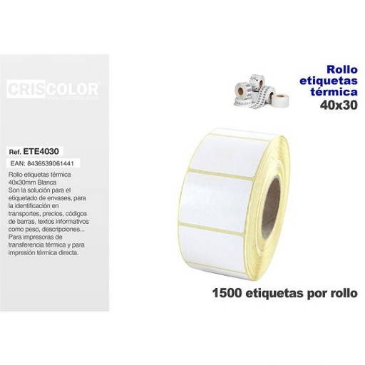 [ETE4030] ETIQUETA TERMICA 40X30MM BL (Rollo 1500 Und.)