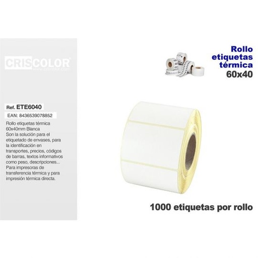[ETE6040] ETIQUETA TERMICA 60X40MM BL (Rollo 1000 Und.)