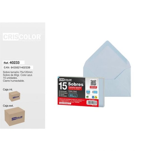 [40233] SOBRE TARJETA 75X120MM AZUL PACK 15UDS  (Caja 36 Packs).