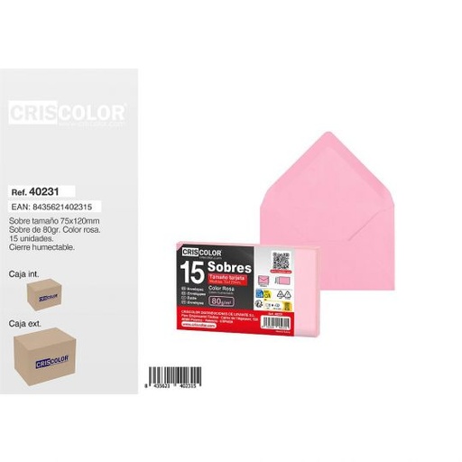 [40231] SOBRE TARJETA 75X120MM ROSA PACK 15UDS (Caja 36 Packs).