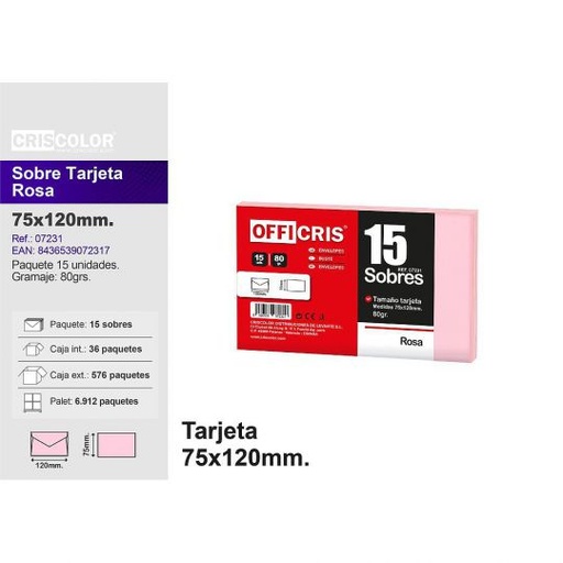 [40231] SOBRE TARJETA 75X120MM ROSA PACK 15UDS