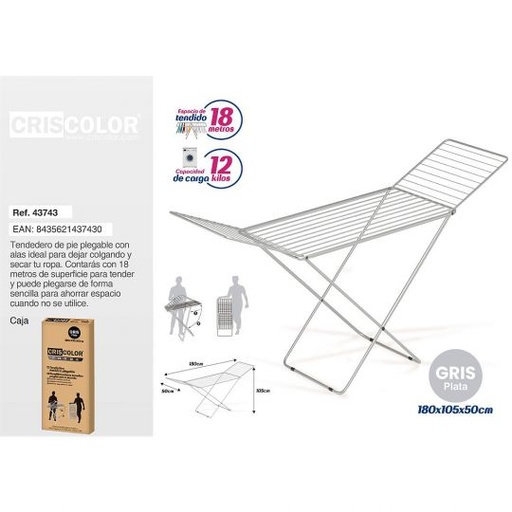 [43743] TENDEDERO METALICO PLEGABLE 180X105X50CM GRIS PLATA