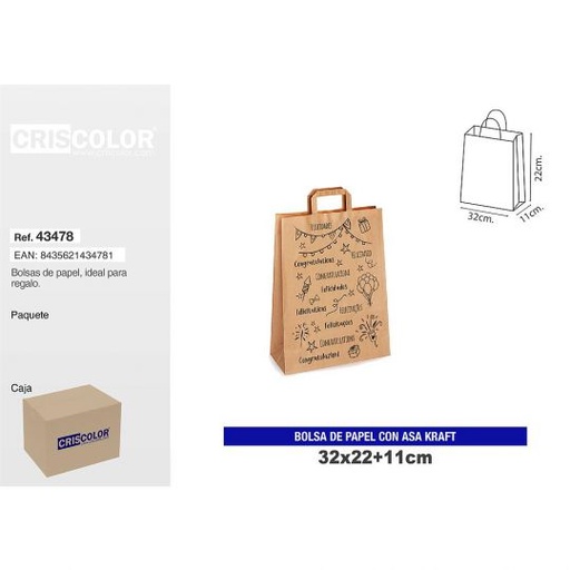 [43478] BOLSA PAPEL CON ASA KRAFT 32+11x22 FELICIDADES DECORADO (PACK 12 UDS)