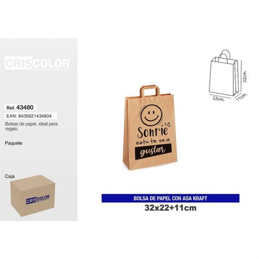 [43480] BOLSA PAPEL CON ASA KRAFT 32+11x22 SONRIE (PACK 25 UDS)