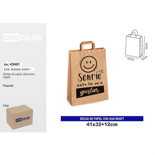 [43481] BOLSA PAPEL CON ASA KRAFT 41+12x32 SONRIE (PACK 12 UDS)