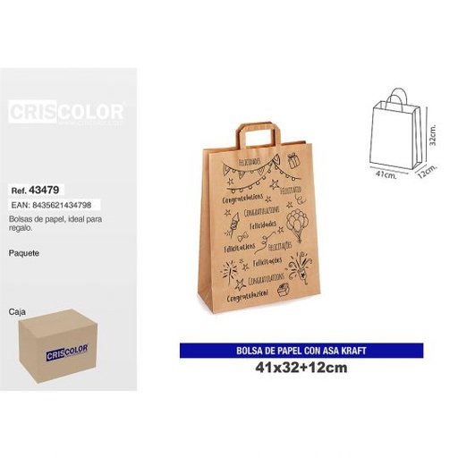 [43479] BOLSA PAPEL CON ASA KRAFT 41+12x32 FELICIDADES DECORADO (PACK 12 UDS)