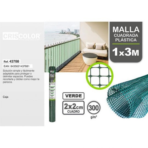 [43788] MALLA CUADRADA PLASTICA 1X3M VERDE CUADRICULA 2X2 CM