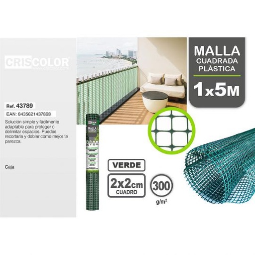 [43789] MALLA CUADRADA PLASTICA 1X5M VERDE CUADRICULA 2X2 CM