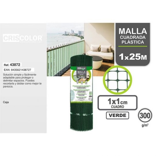 [43872] MALLA CUADRADA PLASTICA 1X25M VERDE CUADRICULA 1X1CM