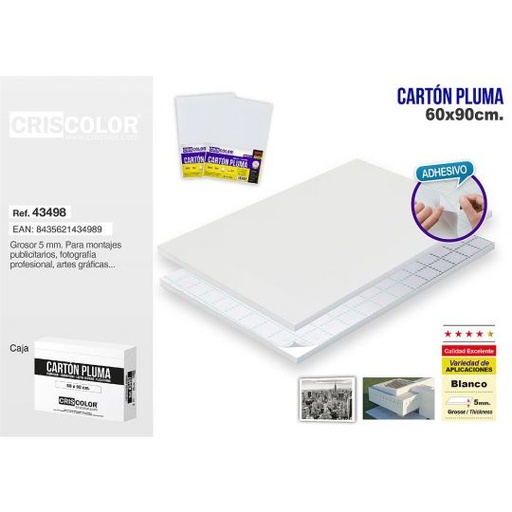 [43498] CARTON PLUMA 60X90 BLANCO ADHESIVO (CAJA DE 25 UND.)