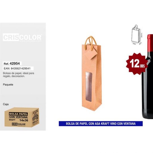 [42954] BOLSA PAPEL 14+8x36 KRAFT VINO CON VENTANA 180GR (Pack 12Und).