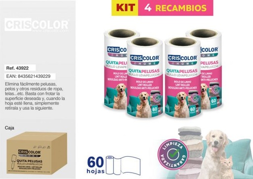 [43922] KIT RECAMBIOS RODILLOS QUITAPELUSAS 4UDS. 60 HOJAS