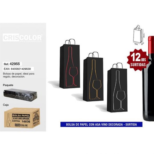 [42955] BOLSA PAPEL 14+8x36 VINO DECORADA SURTIDA 210GR (Pack 12Und).