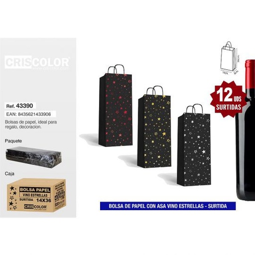 [43390] BOLSA PAPEL 14+8x36 VINO ESTRELLAS SURTIDA 210GR (Pack 12Und).
