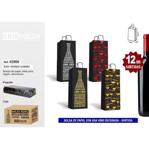 [42956] BOLSA PAPEL 14+8x36 BOTELLA DECORADA SURTIDA 210GR (PACK 12 UND)