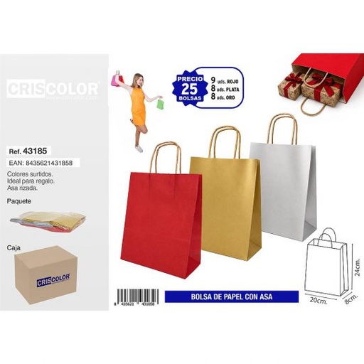 [43185] BOLSA PAPEL CON ASA 20+8x24 SURTIDO PLUS (PACK 25 UDS)